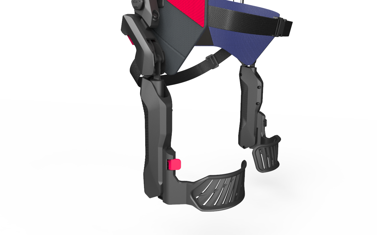 ExoSuit thigh pad detail — leaf-sprung compliant termination