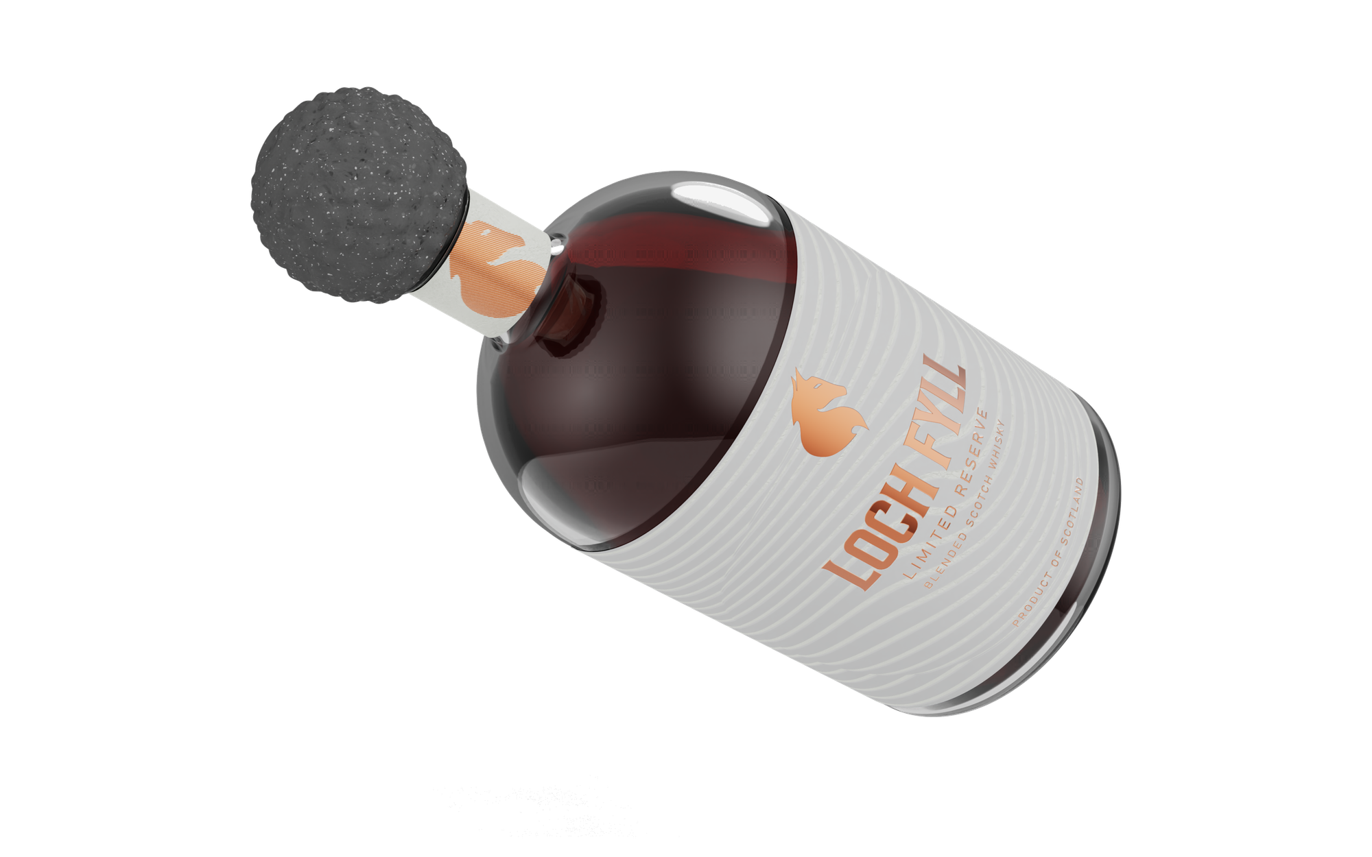 Loch Fyll blended Scotch whisky — bottle and stone closure, design by Geoff LaCorte