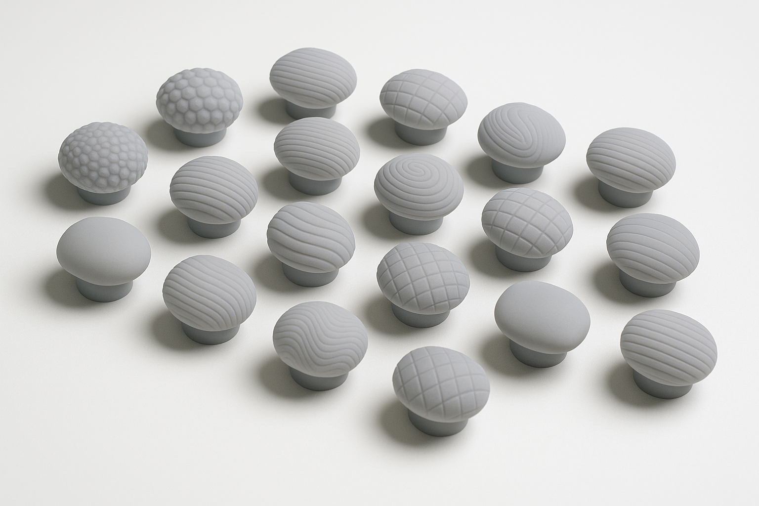 Loch Fyll closure texture study — nineteen carved surface treatments