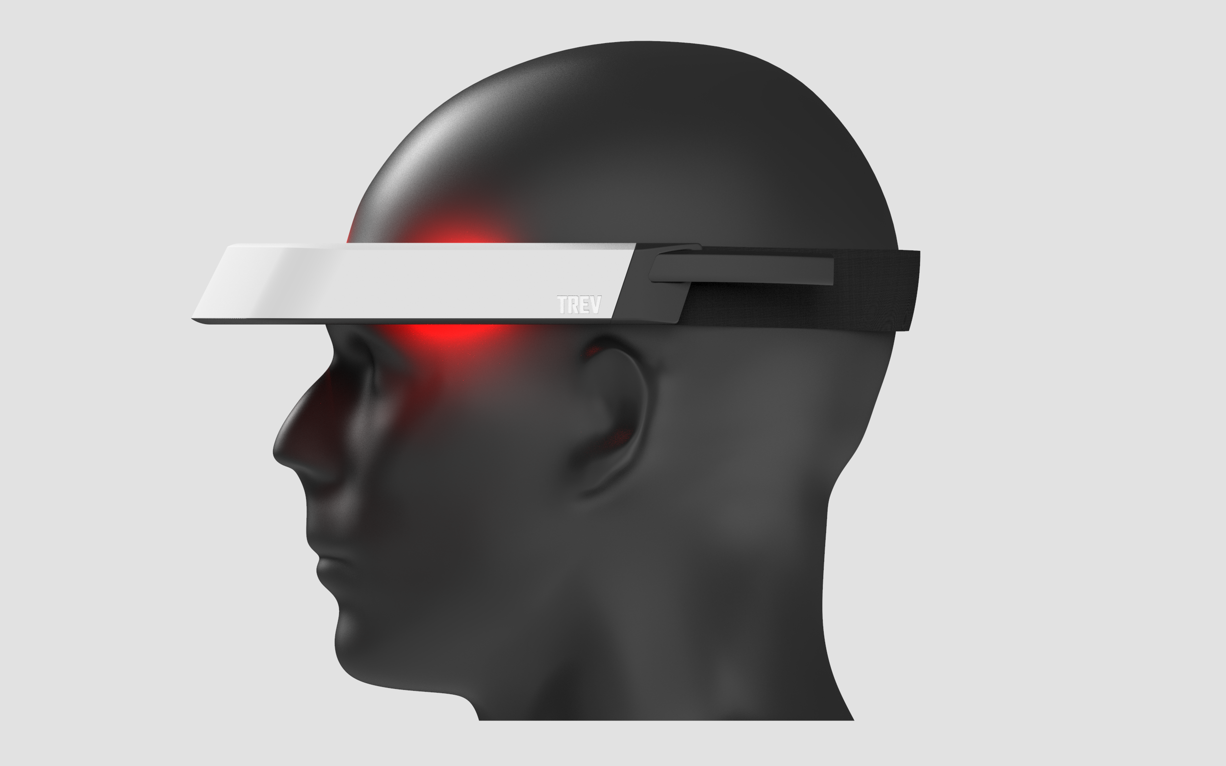TREV neuro headset rendered concept V1 — side view optics angle