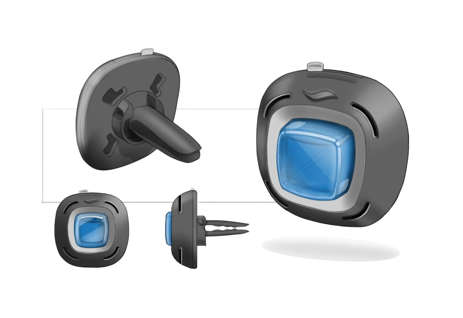 Car vent clip air freshener concept 01 — housing, cartridge window and vent blade clip