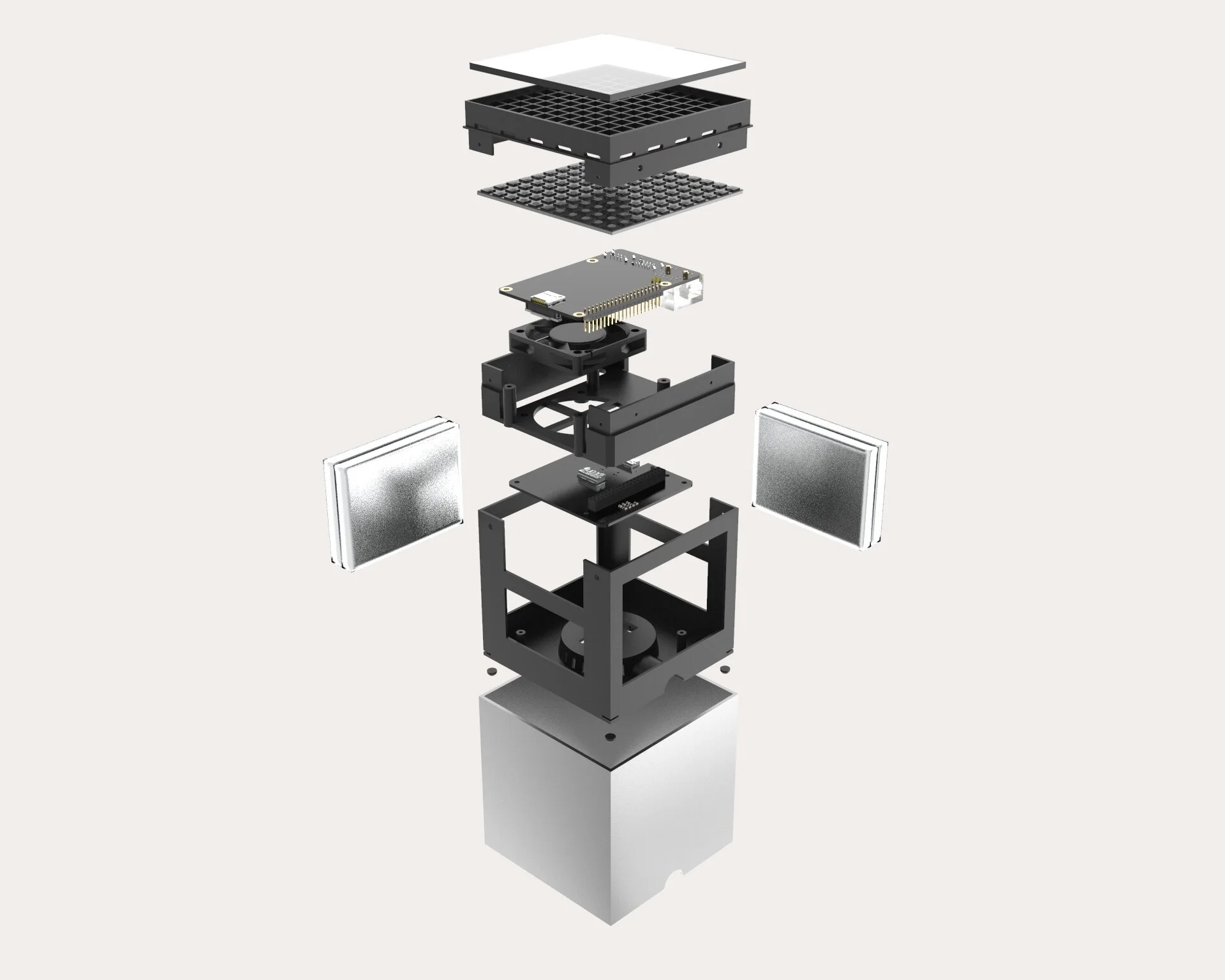 Wireline exploded assembly — diffuser, honeycomb baffle, LED matrix, compute board, fan and chassis